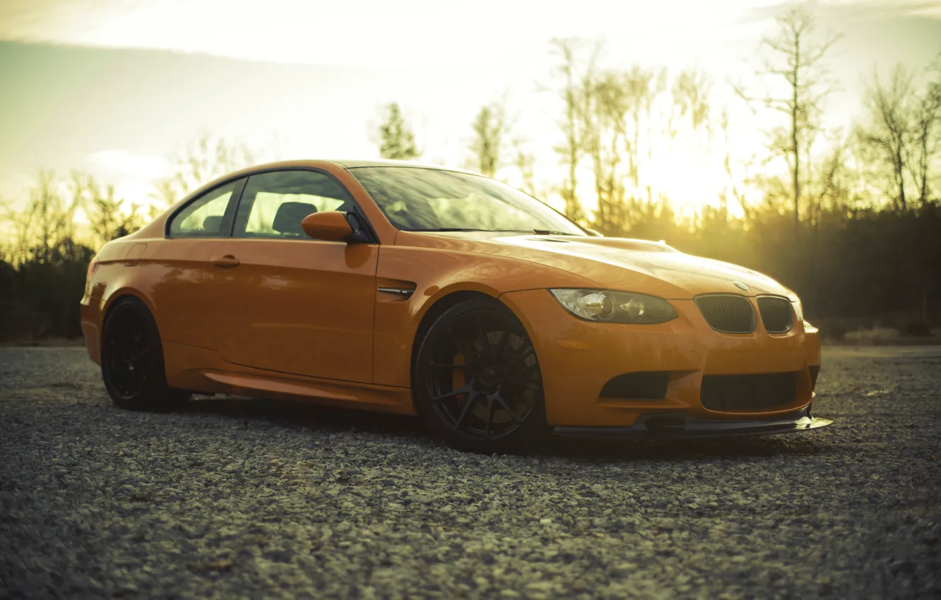 Photo wallpaper sunset, orange, BMW, BMW, side view, orange, e92