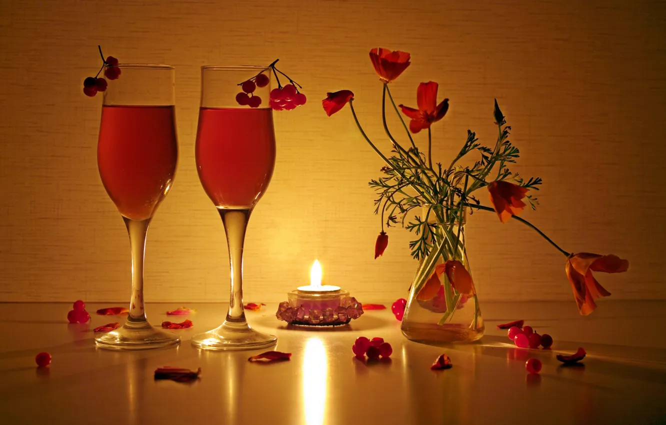 Photo wallpaper light, lights, reflection, beauty, bouquet, the evening, candles, drink