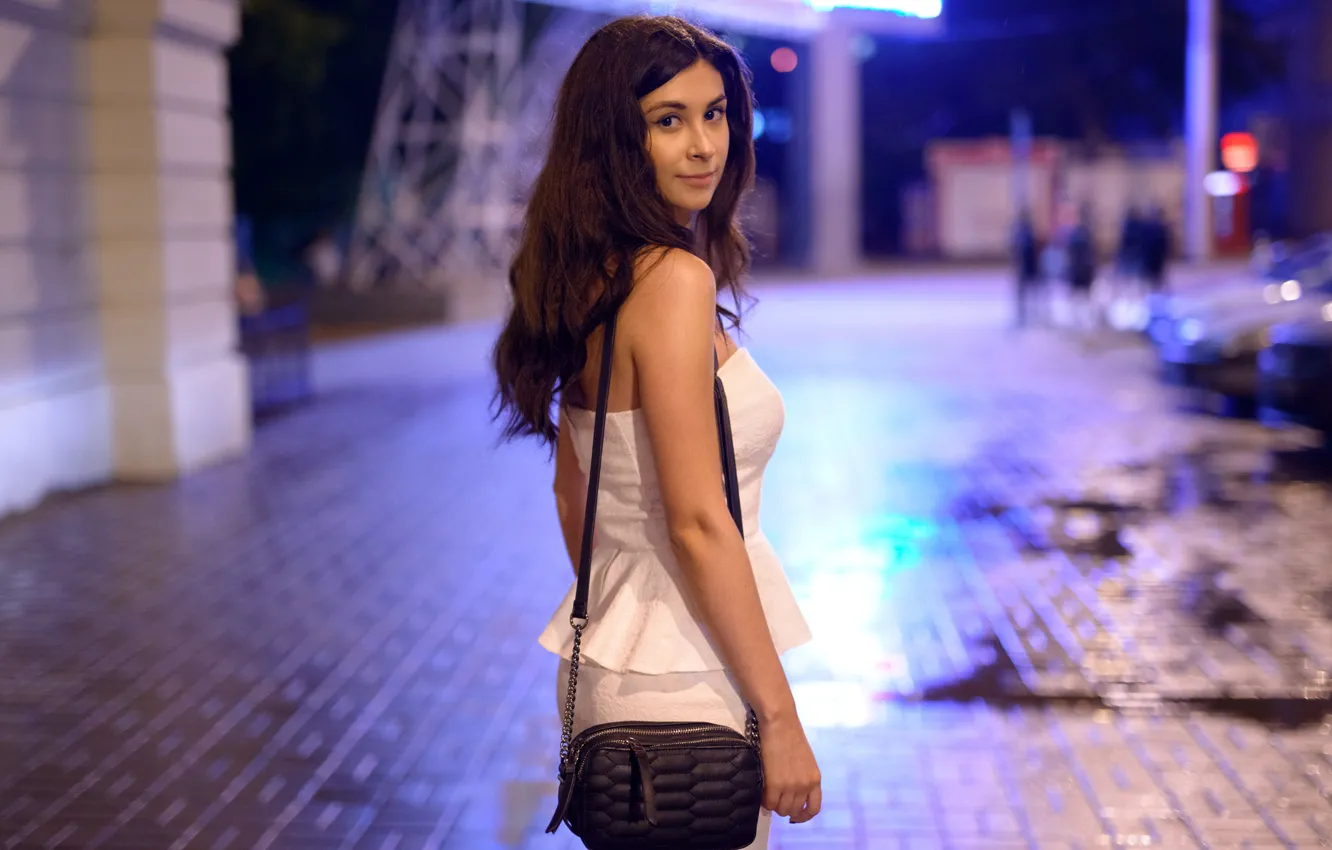 Photo wallpaper look, girl, face, city, sweetheart, model, skirt, portrait