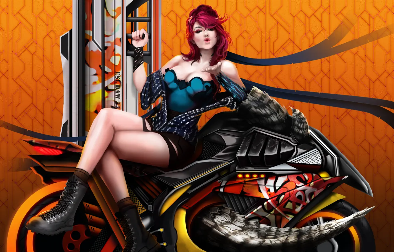 Photo wallpaper girl, weapons, motorcycle
