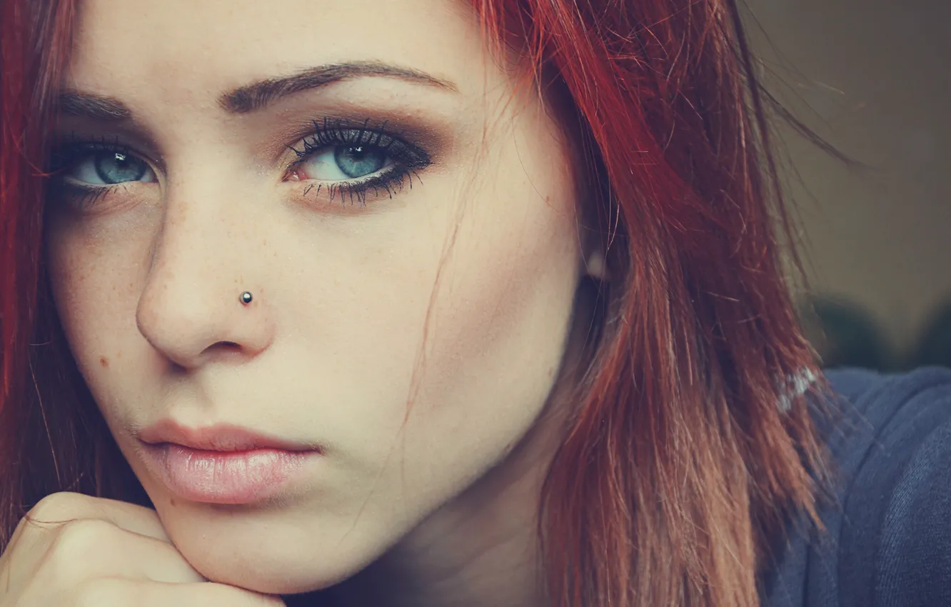 Photo wallpaper girl, face, makeup, piercing, red
