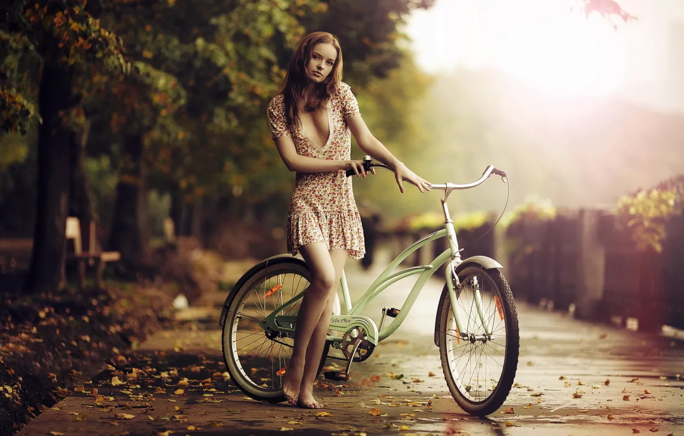 Photo wallpaper sadness, autumn, girl, bike, barefoot