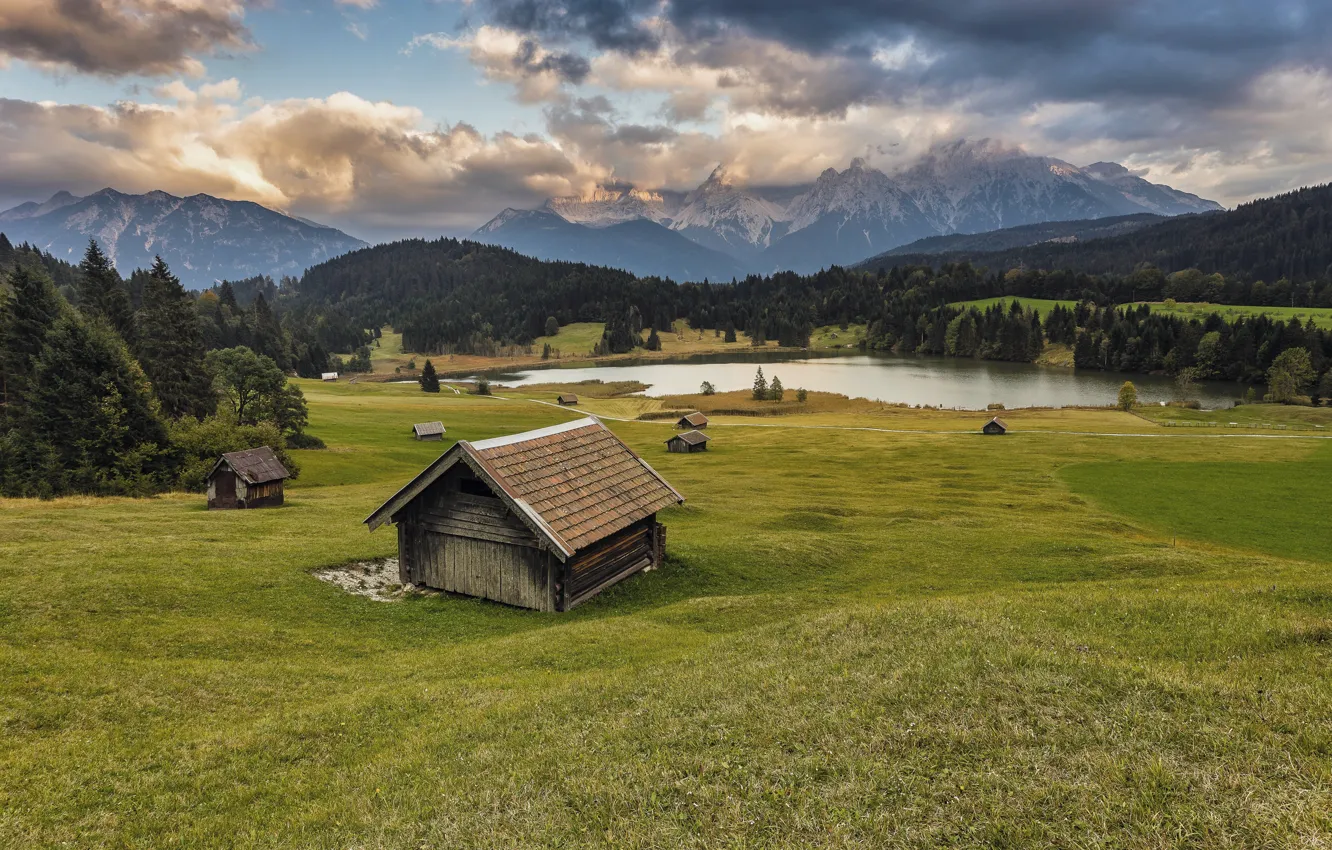 Photo wallpaper field, forest, grass, clouds, mountains, fog, lake, shore