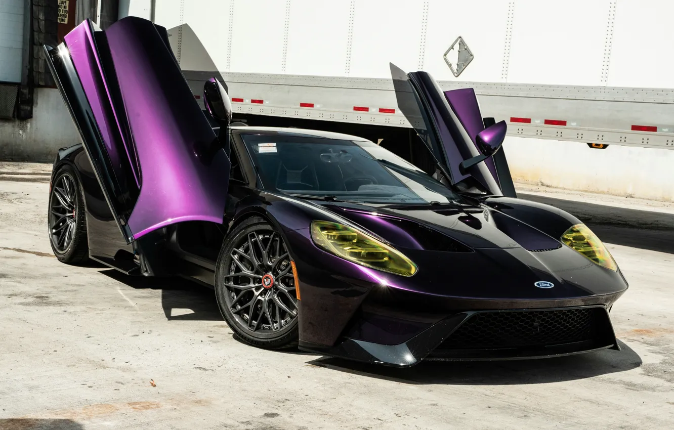 Photo wallpaper Ford, Ford GT, Purple, Front, Sportcar, Open Doors