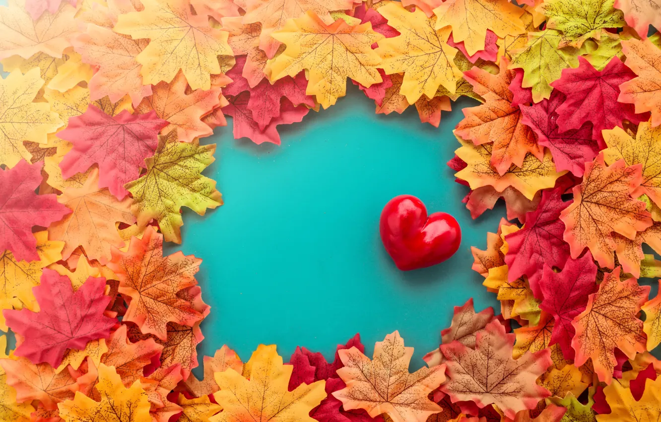 Photo wallpaper autumn, leaves, love, heart, red, love, heart, autumn