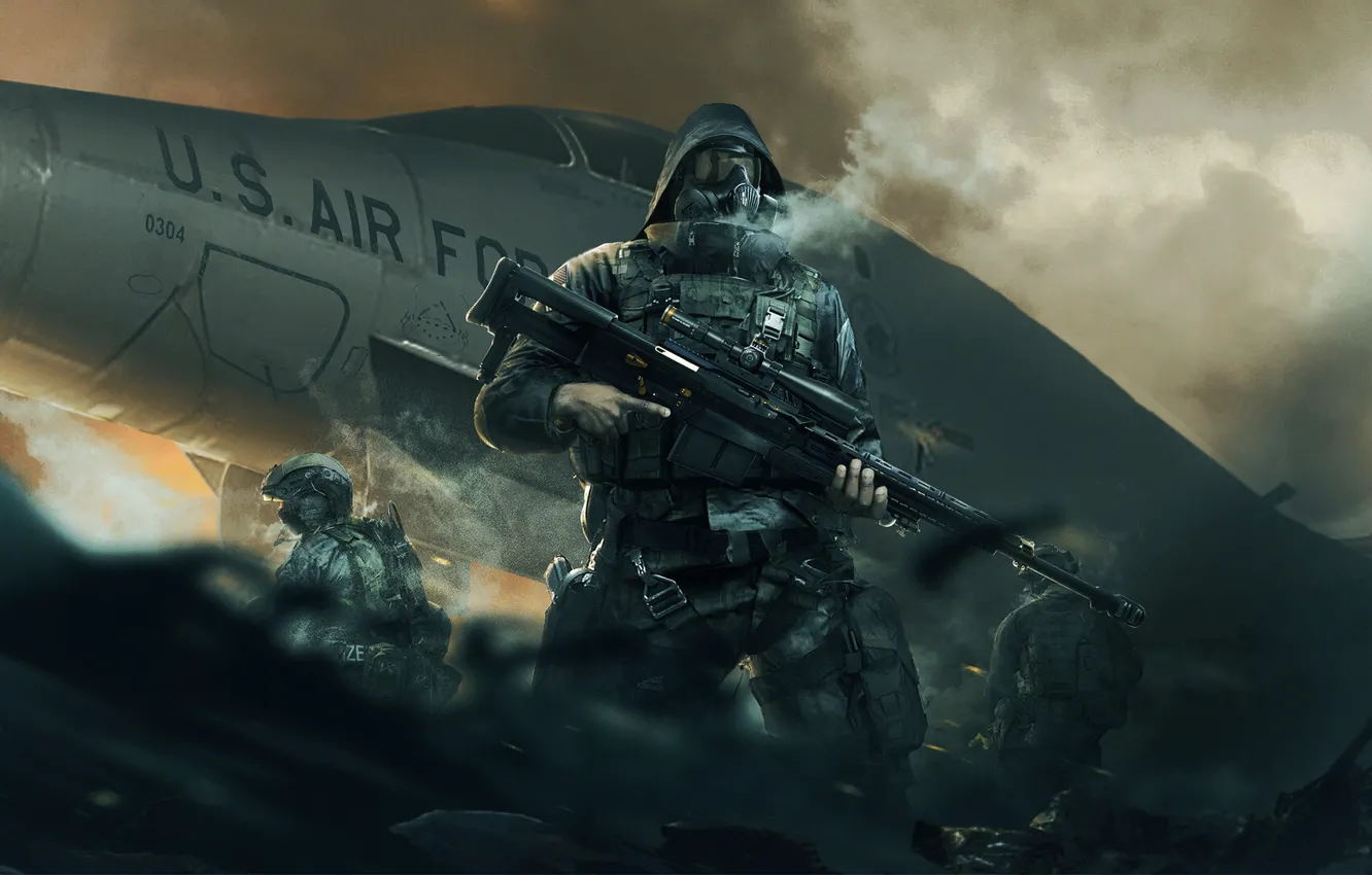 Photo wallpaper weapons, army, fighter, mask, soldiers, gas mask, sniper, the plane