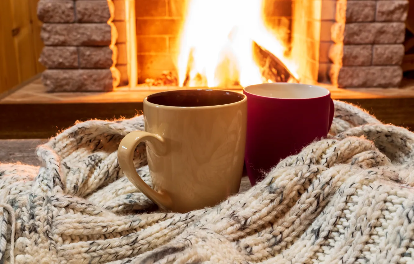 Photo wallpaper winter, love, lights, scarf, pair, fireplace, love, hot
