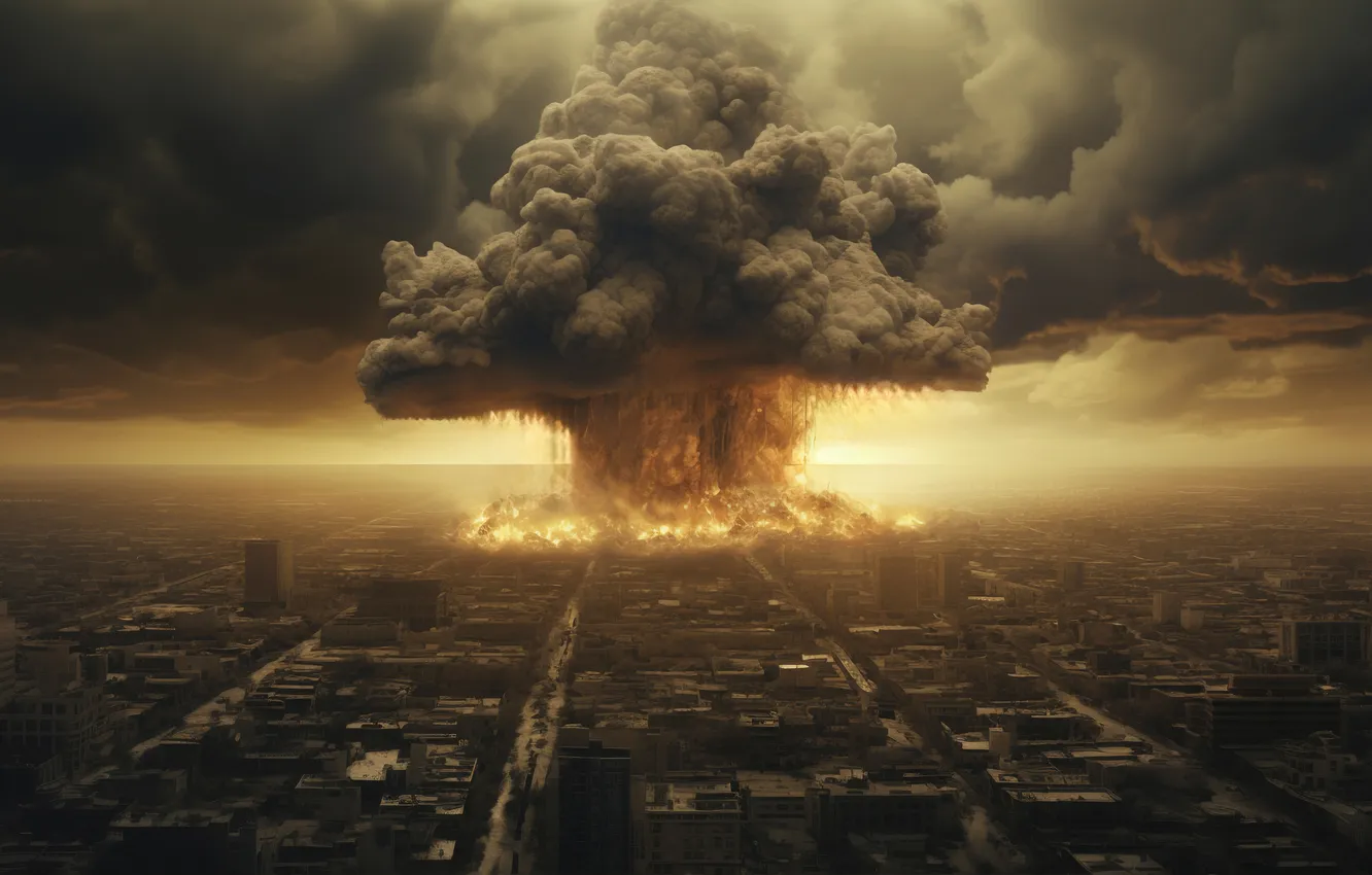 Photo wallpaper the explosion, clouds, the city, lights, mushrooms, home, destruction, a nuclear explosion