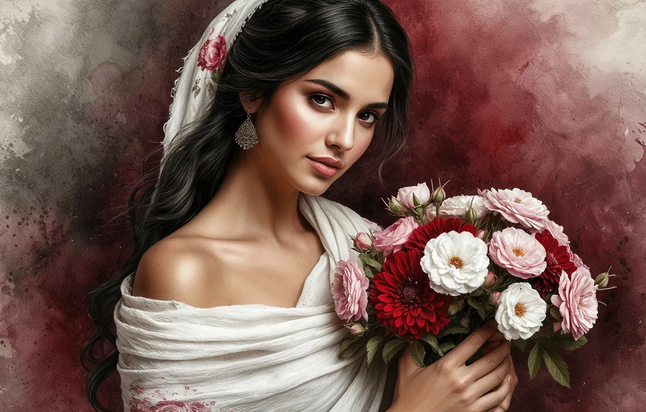 Photo wallpaper look, girl, flowers, pose, portrait, bouquet, earrings, brunette