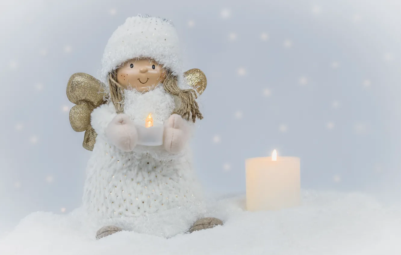 Photo wallpaper snow, holiday, toy, candle, Christmas, New year, figure, angel