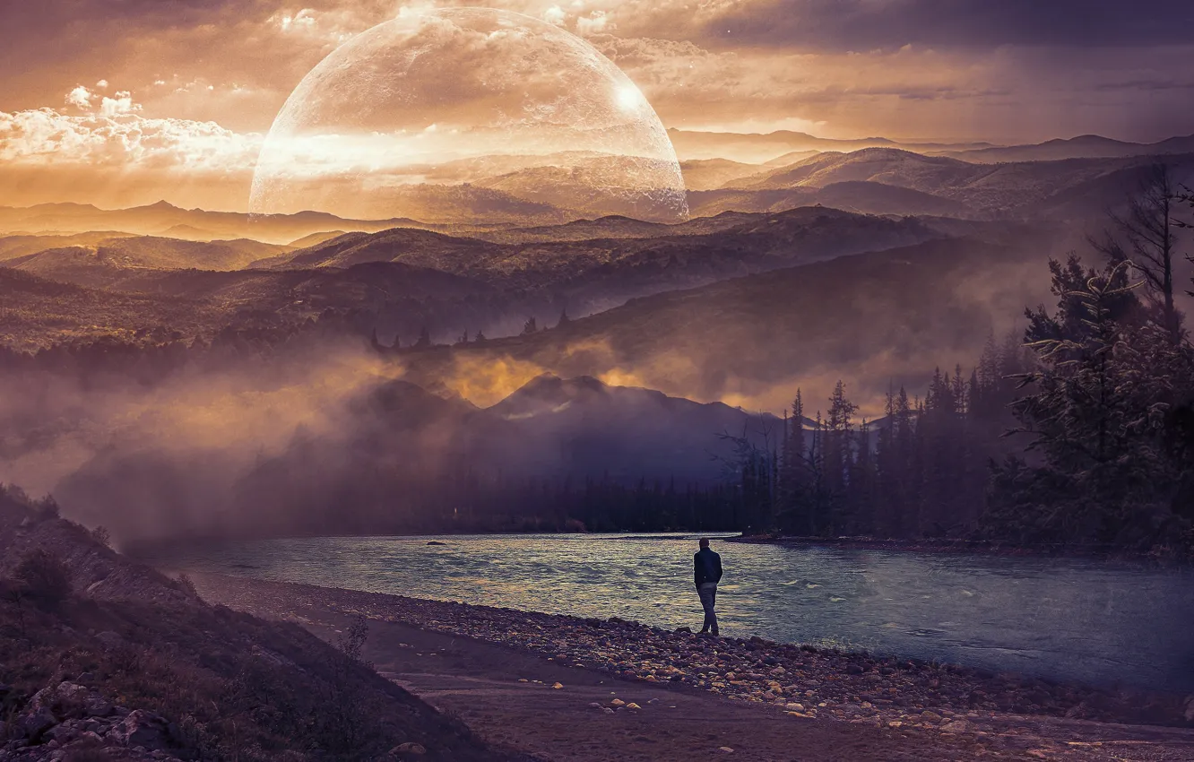Photo wallpaper forest, the sky, sunset, mountains, fog, river, loneliness, rendering