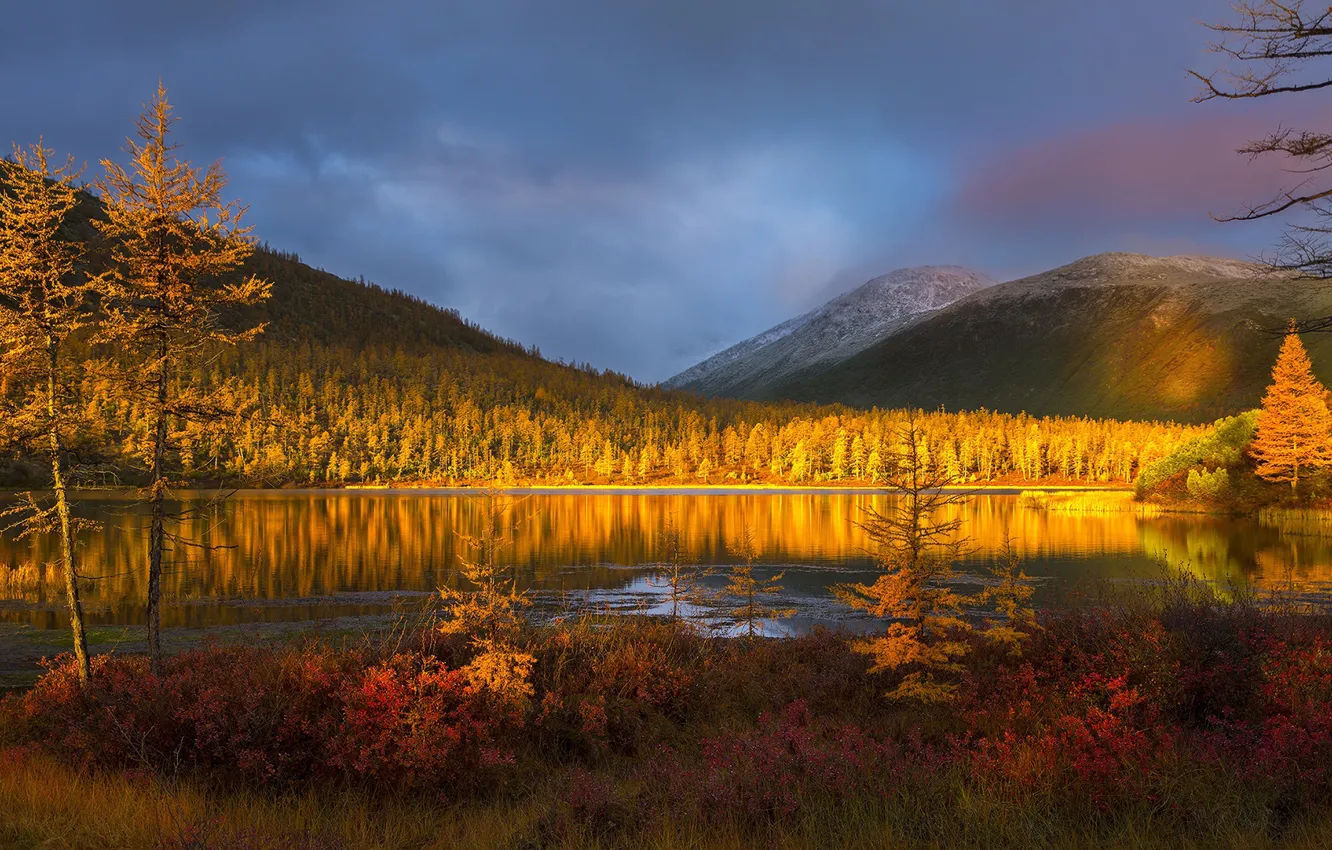 Photo wallpaper autumn, sunset, mountains, nature, lake