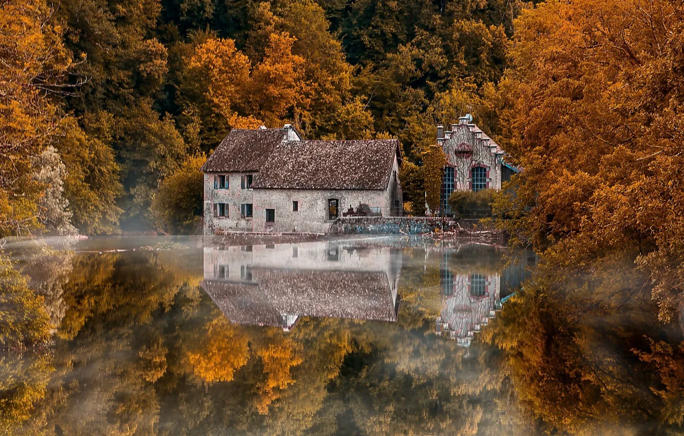 Photo wallpaper autumn, forest, trees, reflection, river, France, building, France