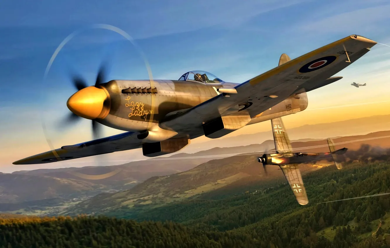 Photo wallpaper fighter-bomber, Focke-Wulf, Supermarine, WWII, Fw.190D-9, Spitfire Mk.XIVe