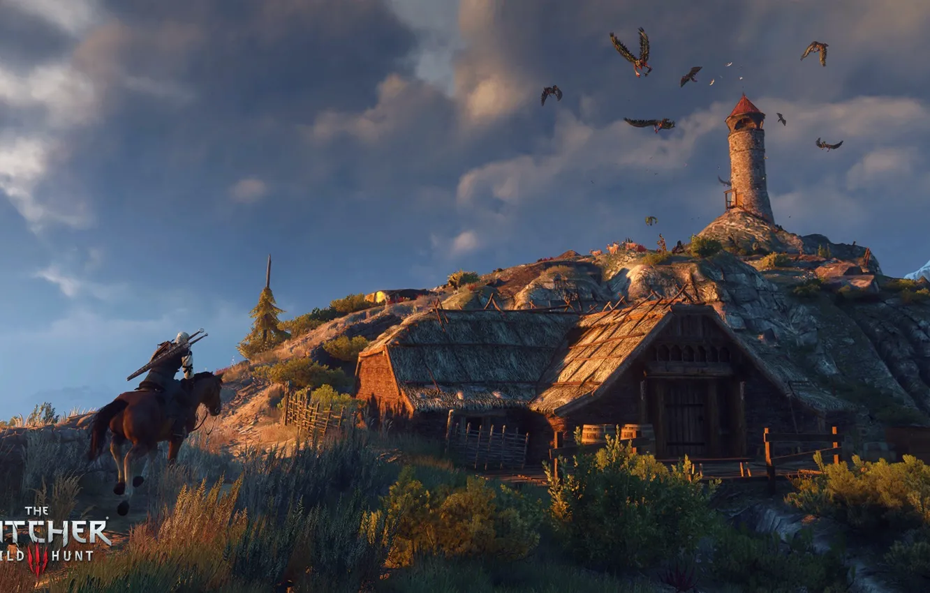 Photo wallpaper horse, lighthouse, island, hut, the Witcher, harpies, Geralt, The Witcher 3: Wild Hunt