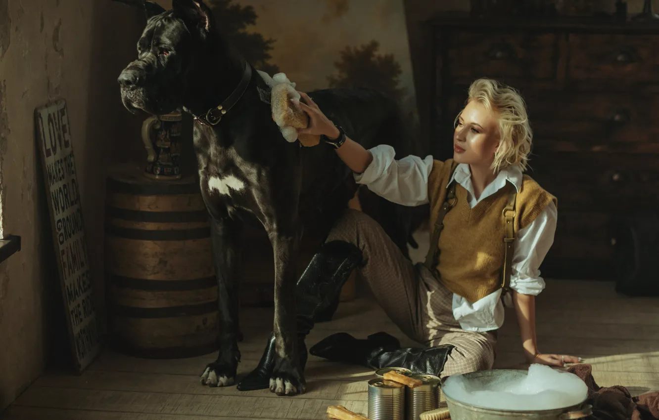 Photo wallpaper foam, girl, pose, dog, boots, blonde, pants, vest