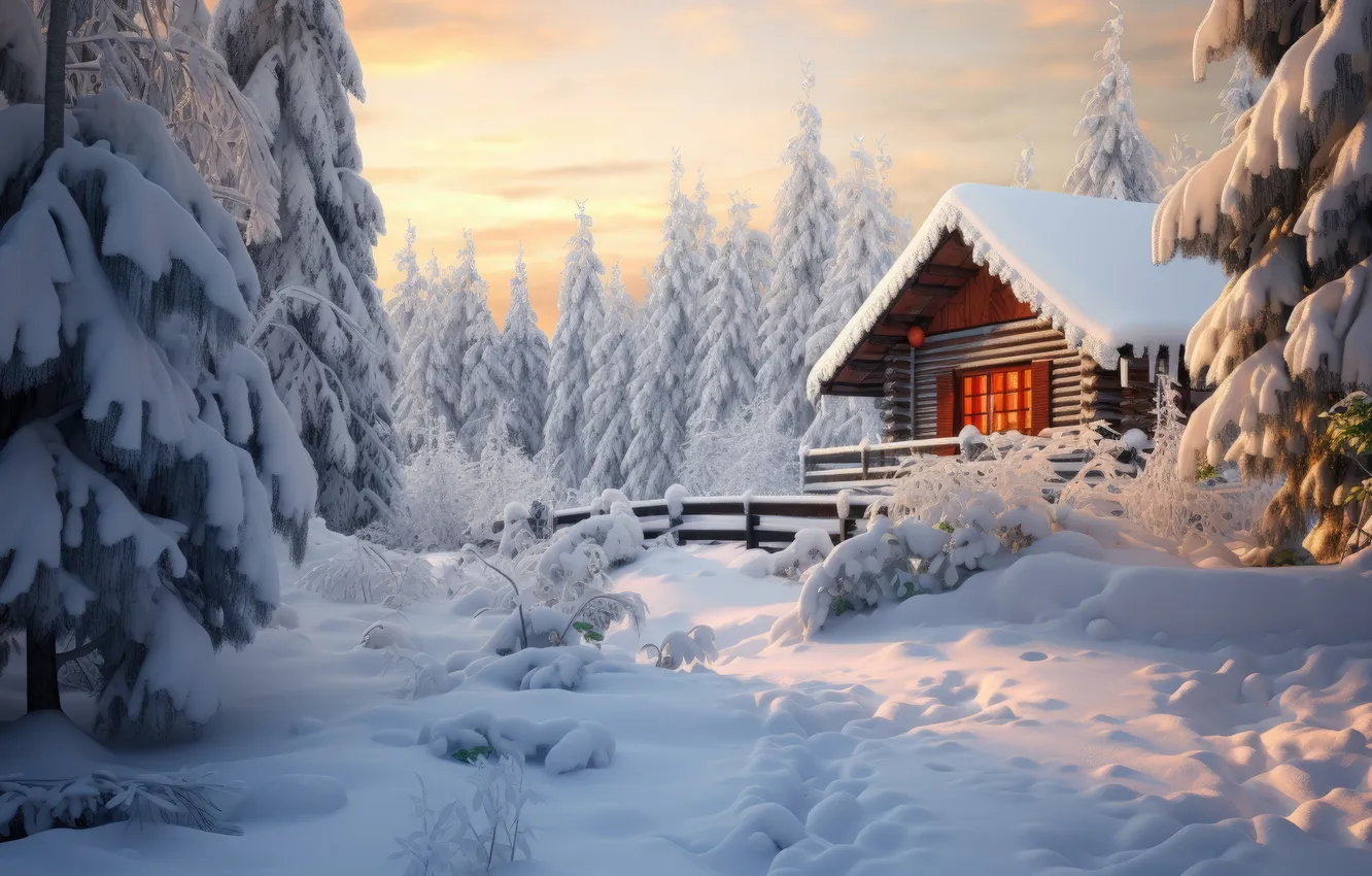 Photo wallpaper winter, forest, snow, house, house, hut, forest, winter