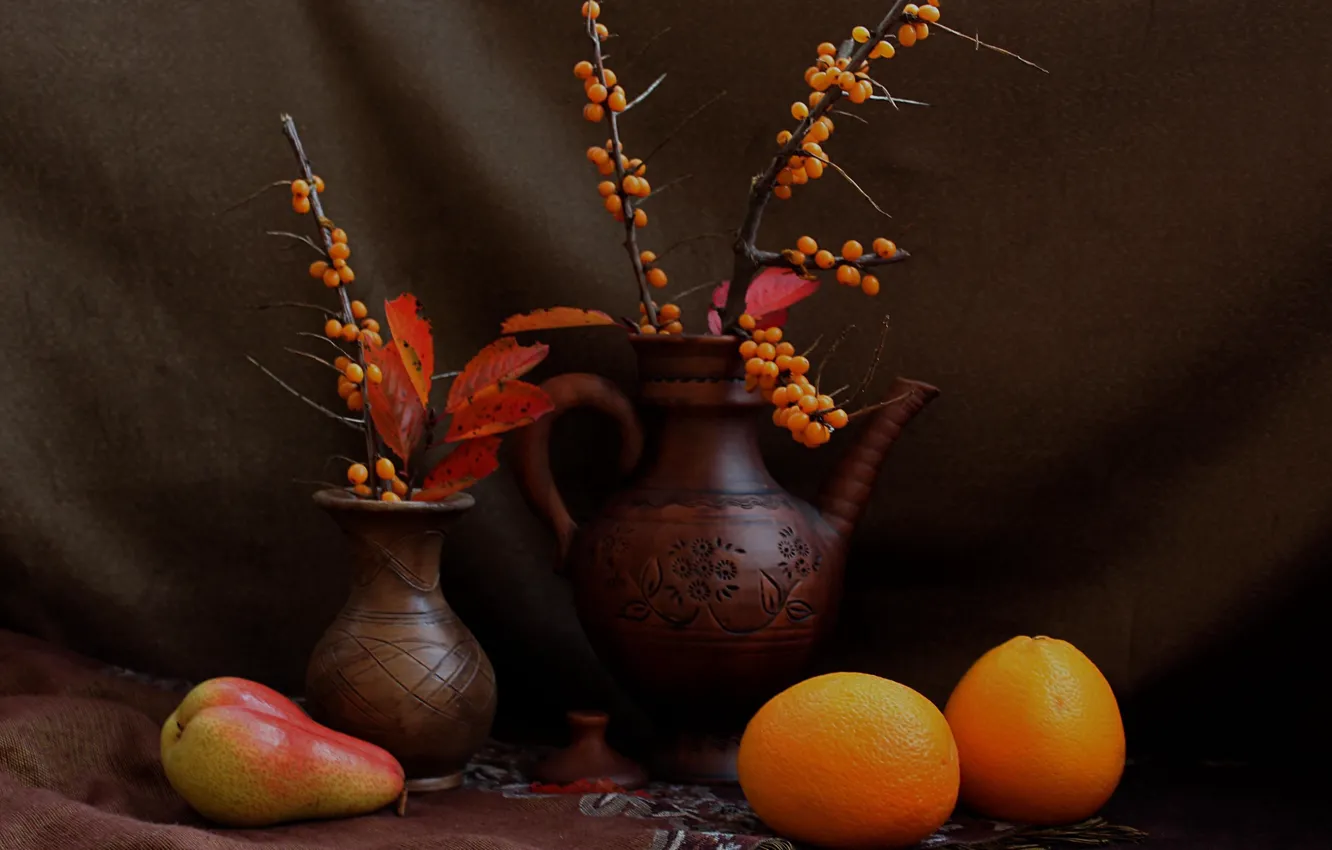 Photo wallpaper autumn, branches, oranges, pear, fruit, still life, sea buckthorn