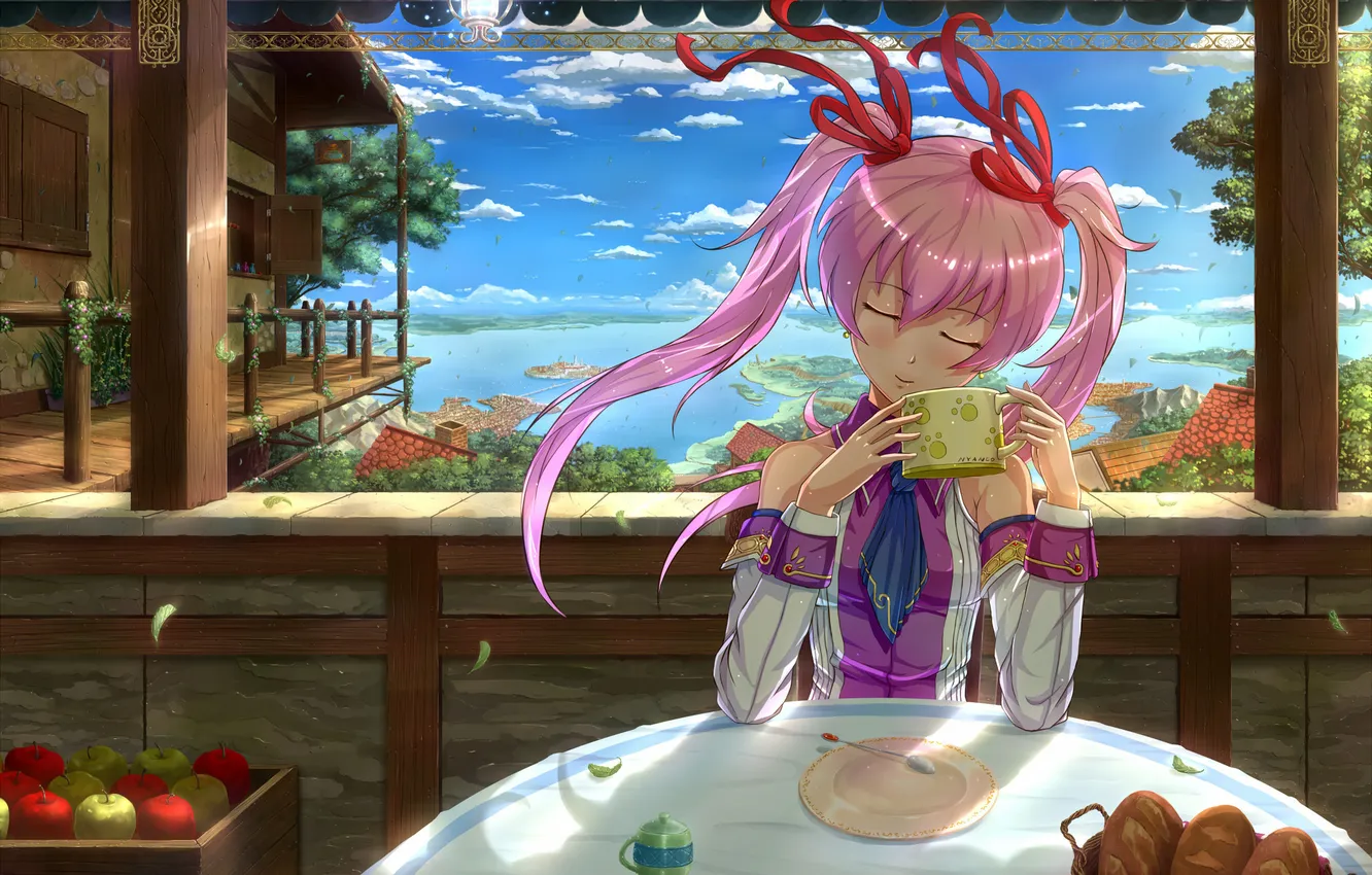 Photo wallpaper the city, apples, girl