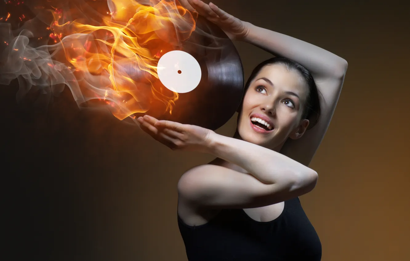 Photo wallpaper girl, joy, fire, record, brown hair, t-shirt, brown-eyed