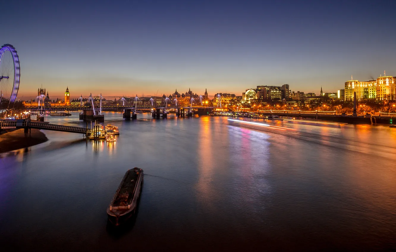 Photo wallpaper night, the city, lights, river, London, the evening, Ferris wheel