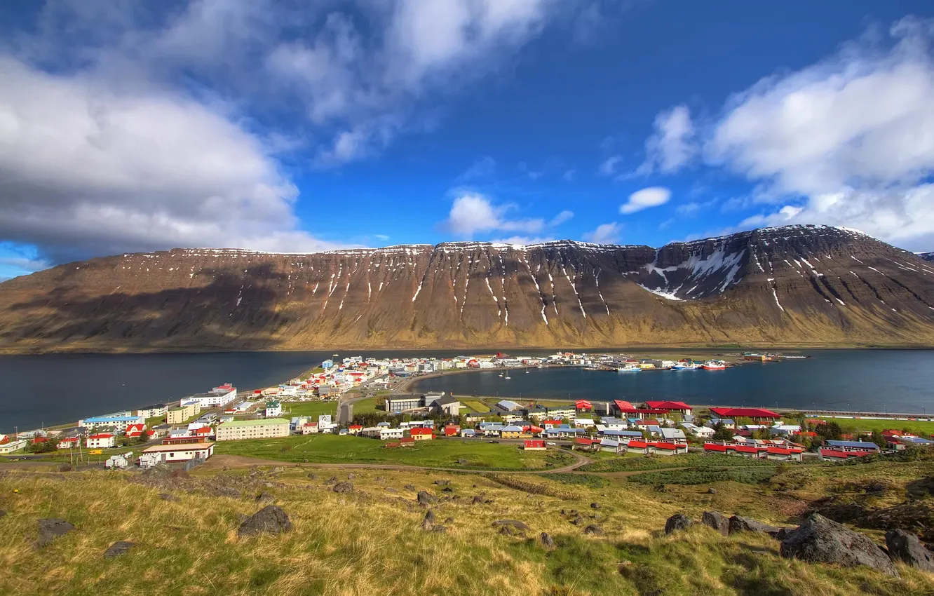 Photo wallpaper mountains, the city, Iceland, Island, Isafjordur, the fjord, Ísafjörður