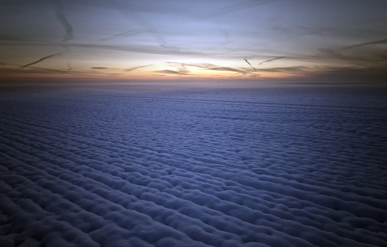 Photo wallpaper field, snow, night, fog