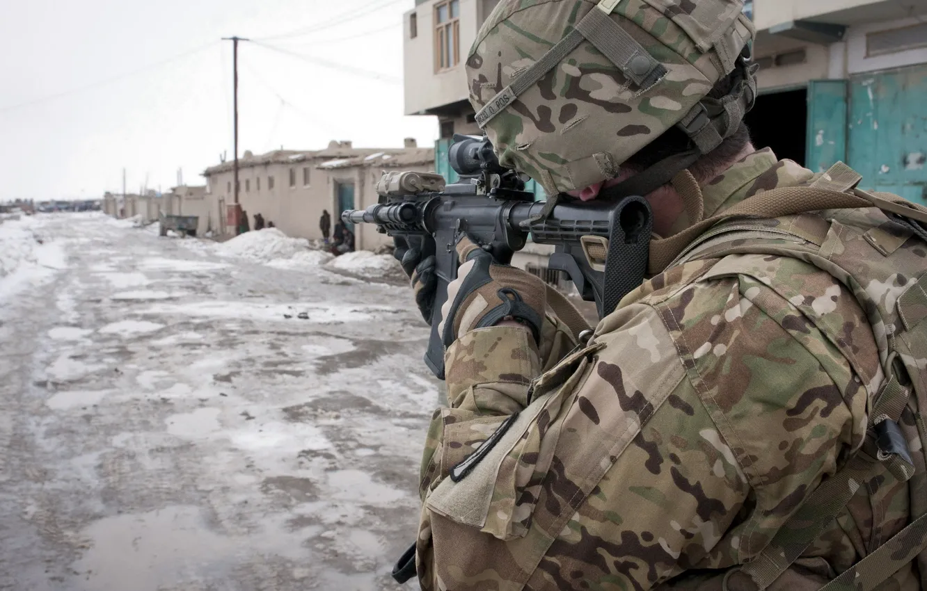 Photo wallpaper war, street, soldiers, machine