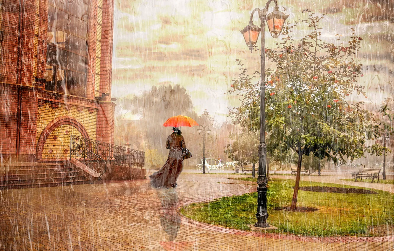 Photo wallpaper autumn, the city, rain, tree, mood, woman, umbrella, lantern