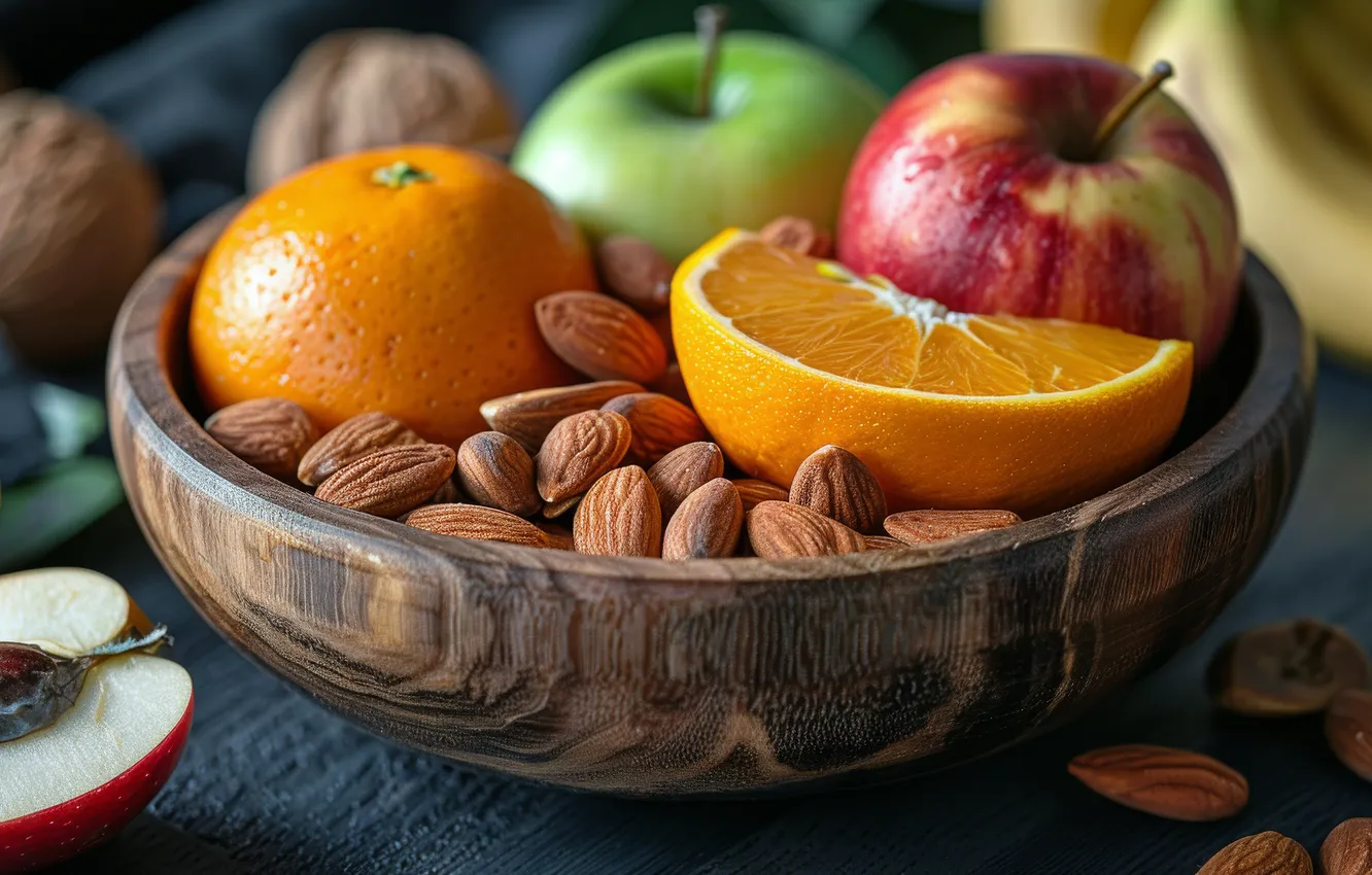 Photo wallpaper table, apples, orange, bowl, fruit, nuts, almonds, AI art