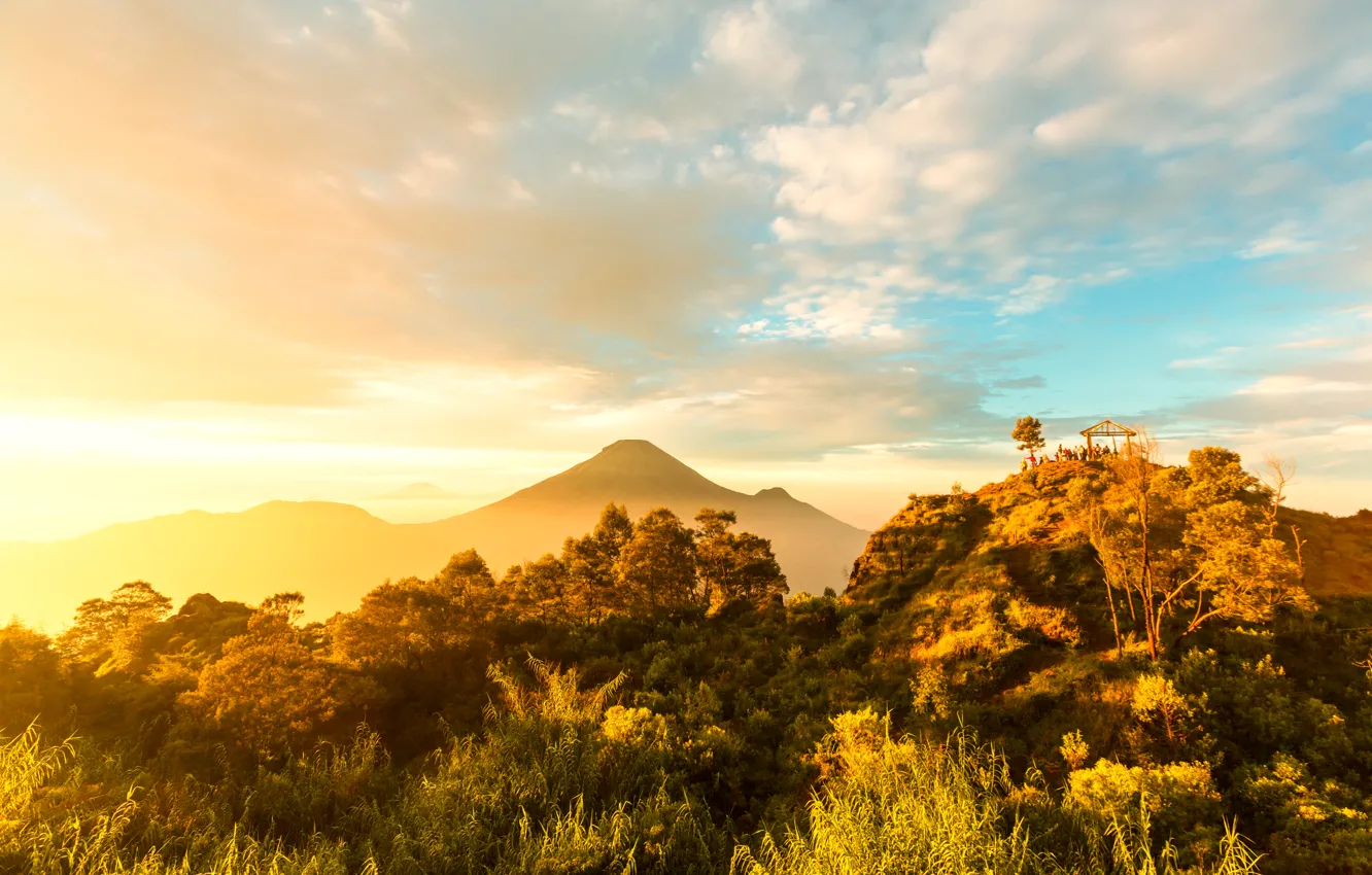 Photo wallpaper forest, the sun, clouds, trees, mountains, island, Indonesia, Java