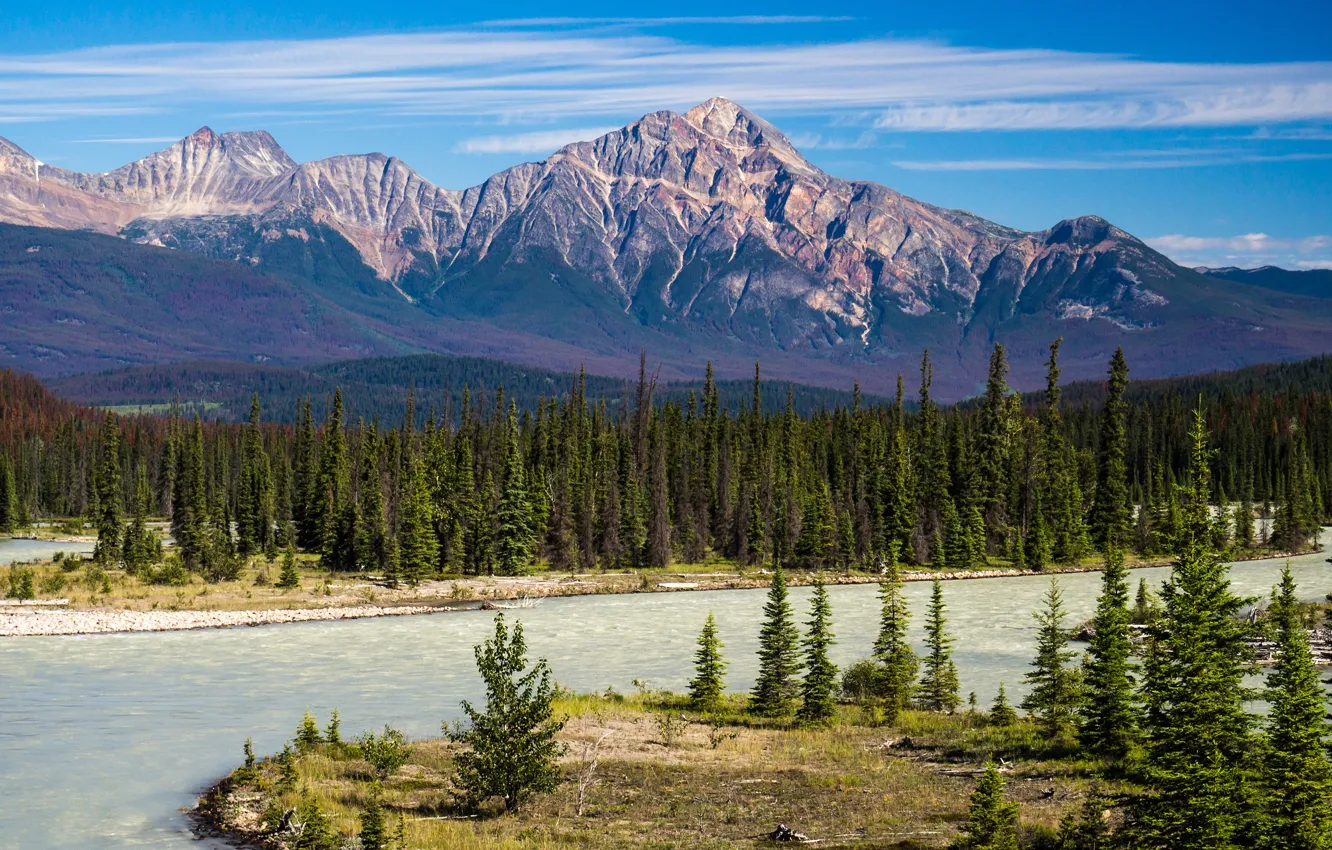 Photo wallpaper forest, the sky, clouds, mountains, river, blue, rocks, hills