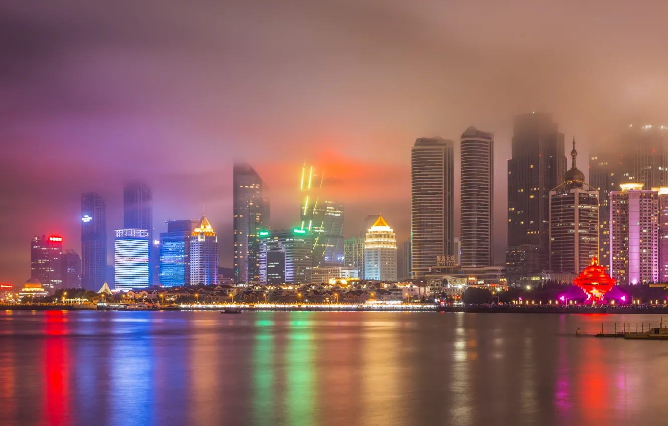 Photo wallpaper Fog, Night, The city, River, Skyscrapers, China, City Pasig