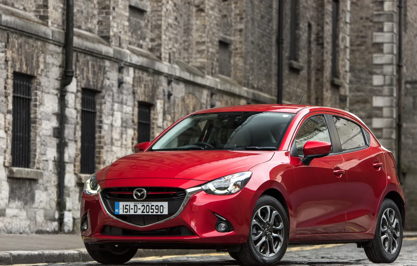 Photo wallpaper road, red, facade, Mazda, Mazda2