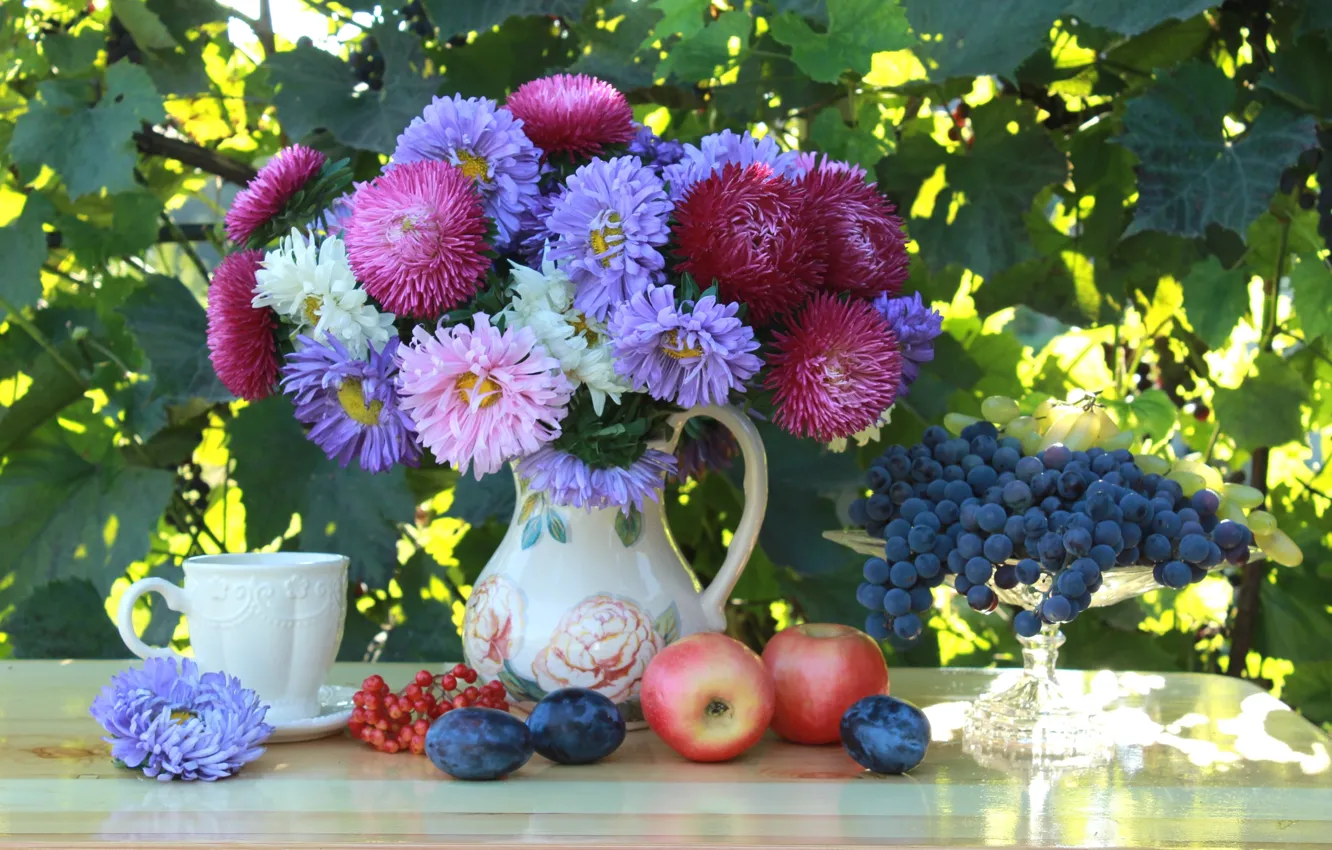 Photo wallpaper apples, grapes, fruit, still life, plum, asters