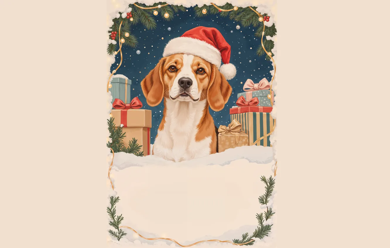 Photo wallpaper winter, look, snow, gift, new year, dog, frame, Christmas
