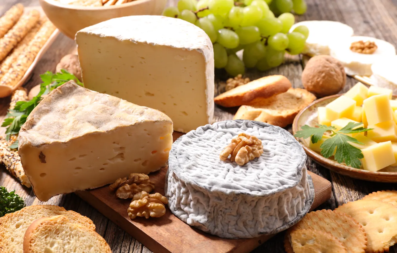 Photo wallpaper food, cheese, grapes, nuts, crackers, cutting Board