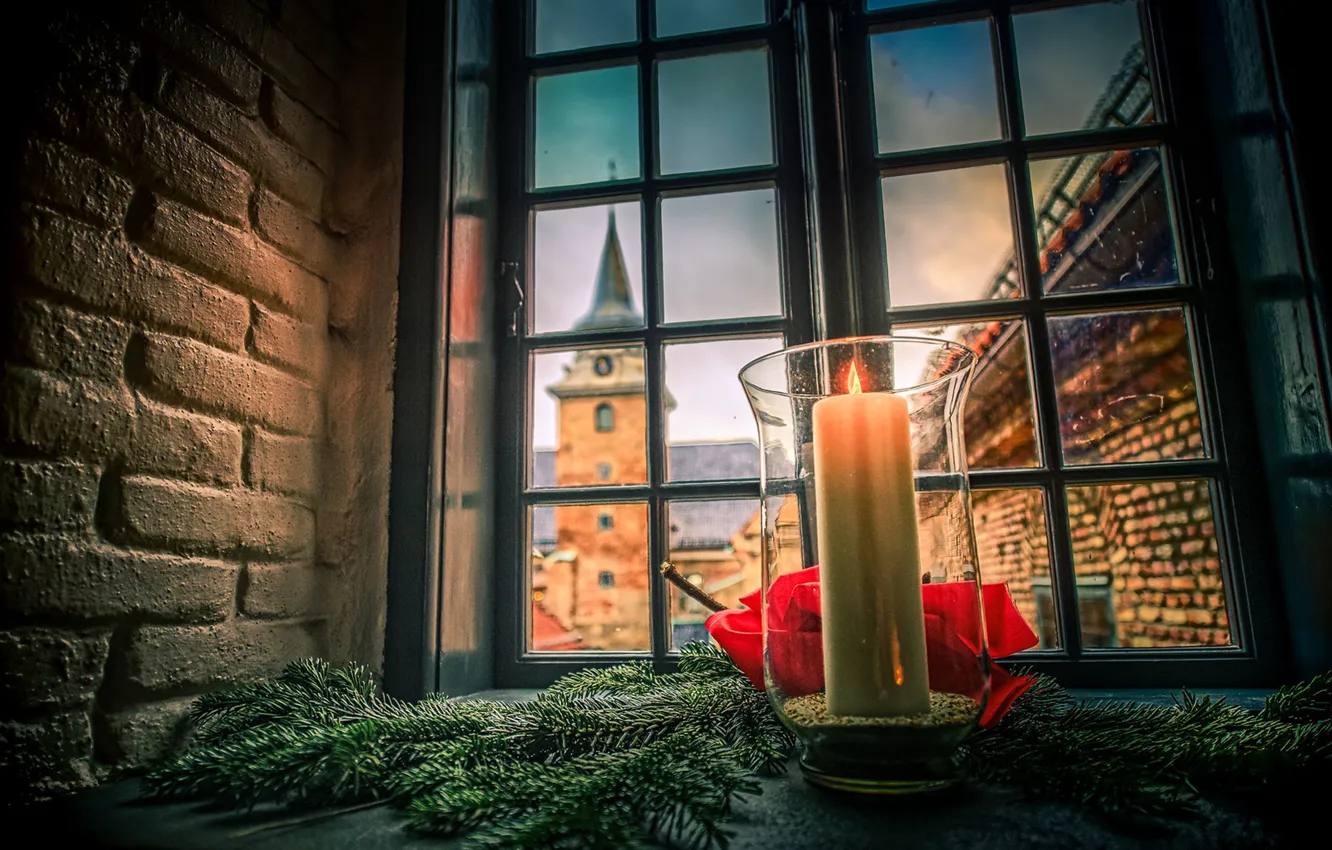 Photo wallpaper castle, tower, candles, window, Christmas, Norway, fortress, Oslo