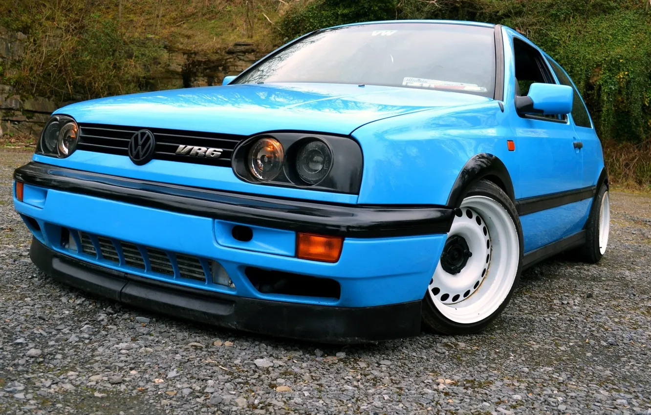 Photo wallpaper volkswagen, golf, blue, tuning, germany, low, r32, stance