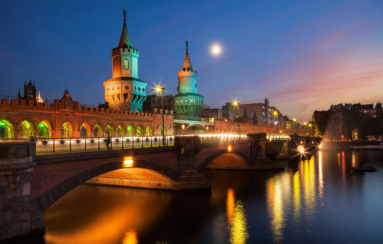 Photo wallpaper light, night, bridge, the city, river, Germany, lighting, Germany