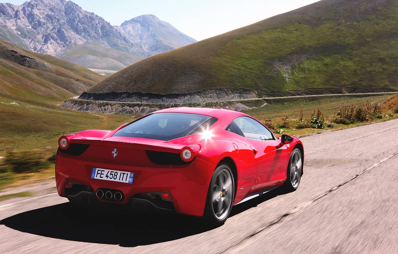 Photo wallpaper Red, Auto, Road, Mountains, Day, Ferrari, 458, Italia