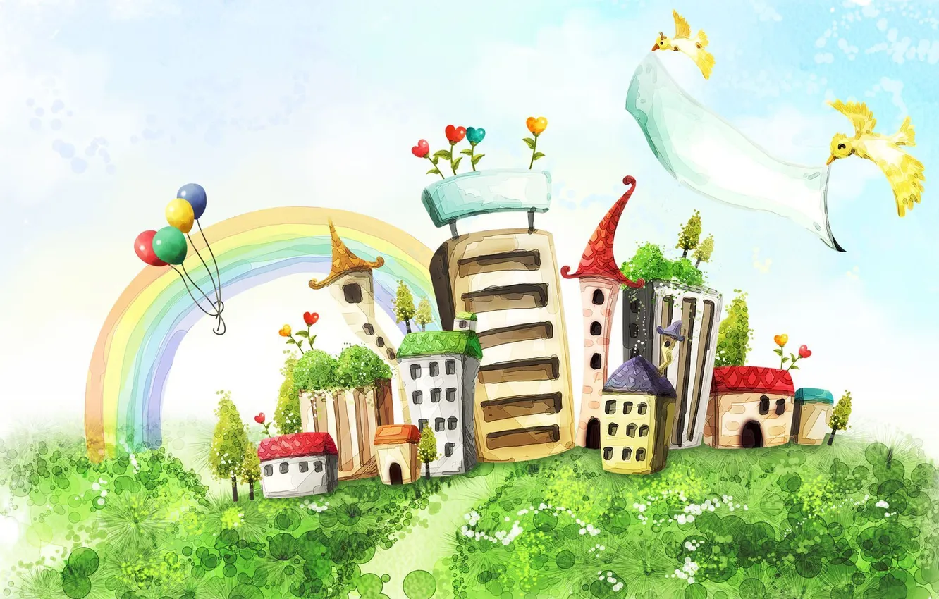 Photo wallpaper balls, bird, figure, home, rainbow, art