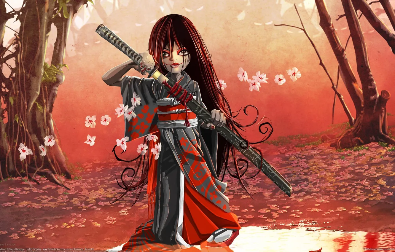Photo wallpaper sword, Sakura, samurai, girl, Steve Sampson