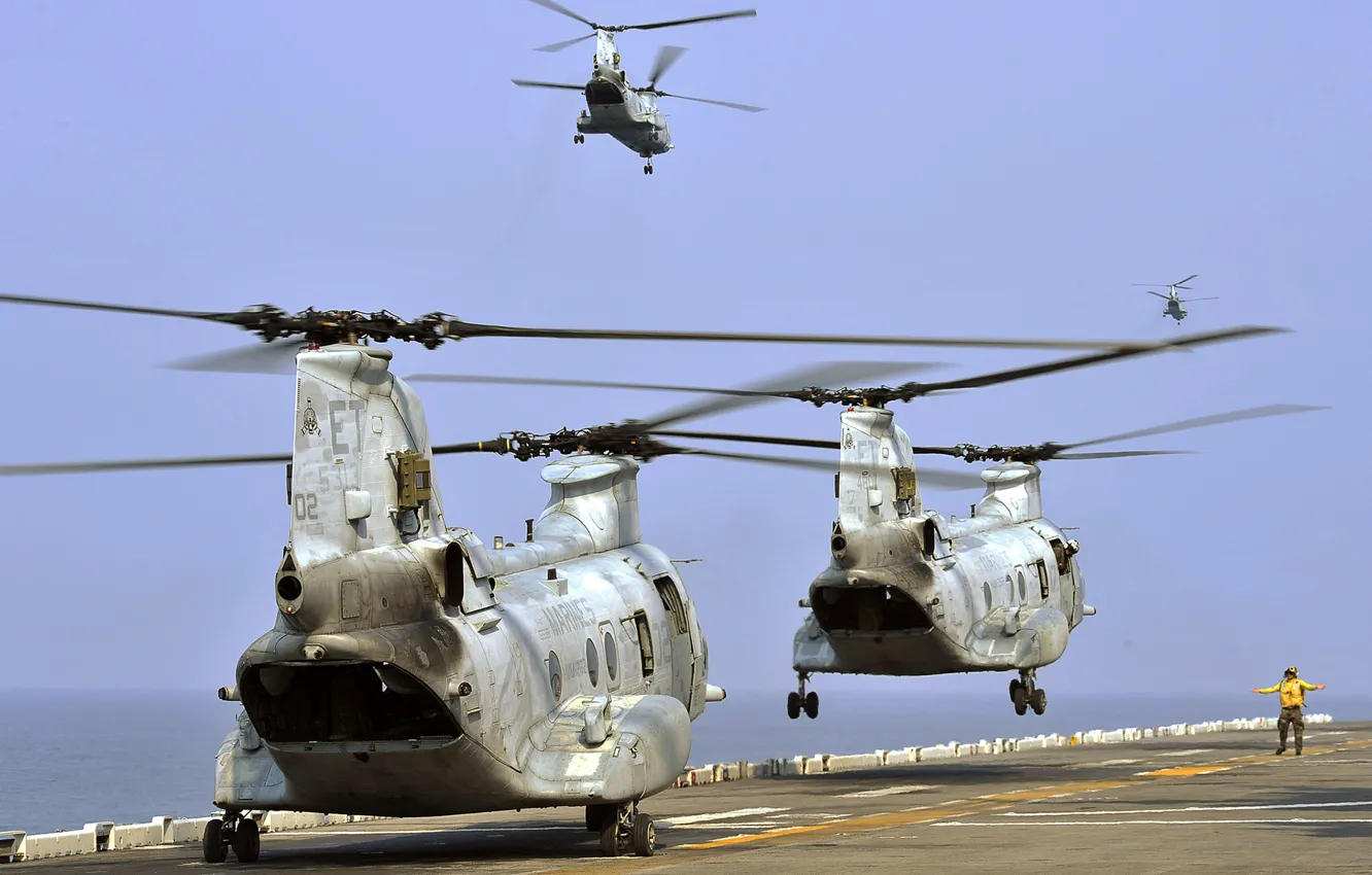 Photo wallpaper helicopters, deck, Boeing, the rise, military, Chinook, CH-47, transport