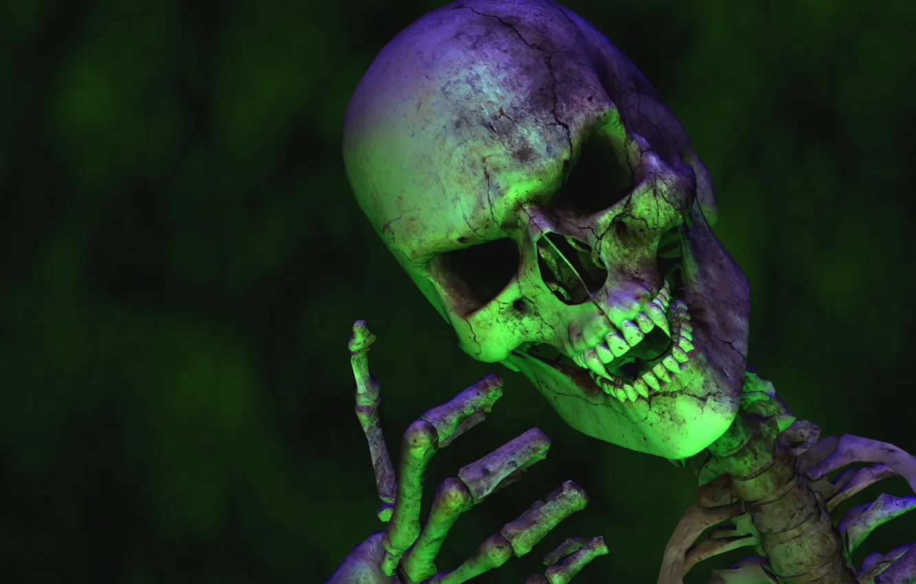 Photo wallpaper green, skull, teeth, fingers