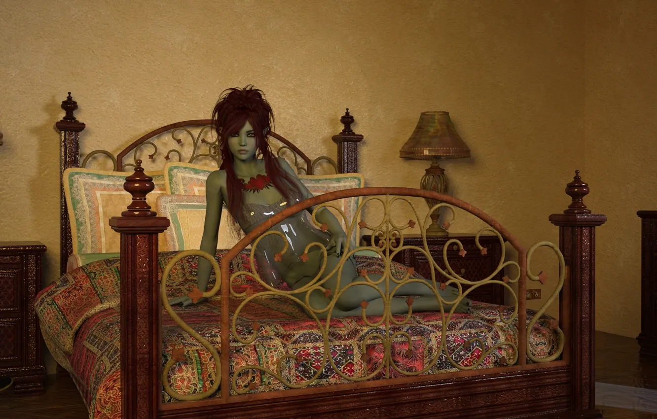 Photo wallpaper girl, bed, green skin