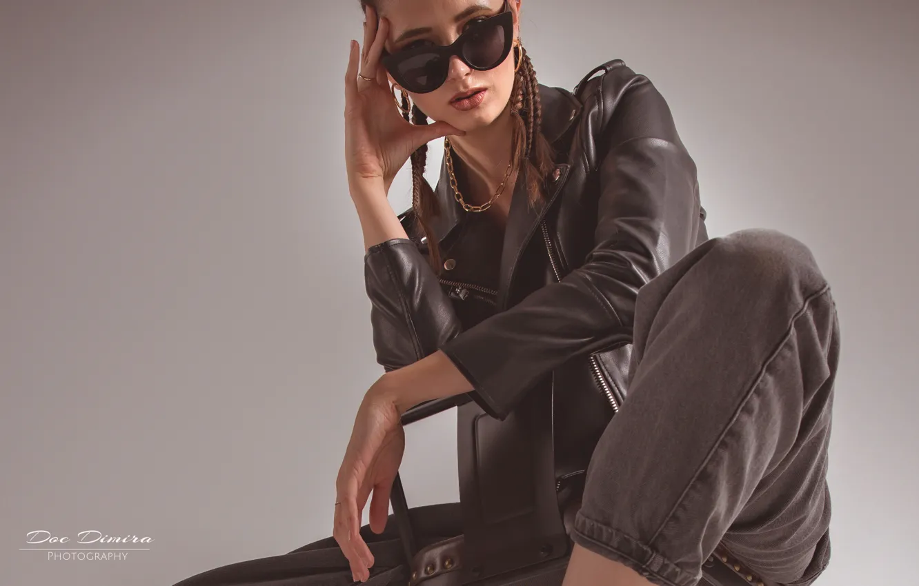 Photo wallpaper girl, pose, background, jeans, glasses, jacket, braids, Disha Shemetova
