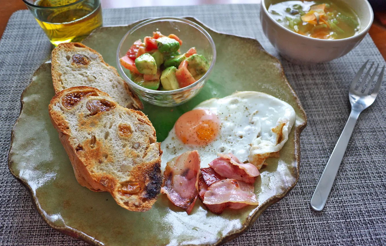 Photo wallpaper food, eggs, Breakfast, bacon, salad, crackers