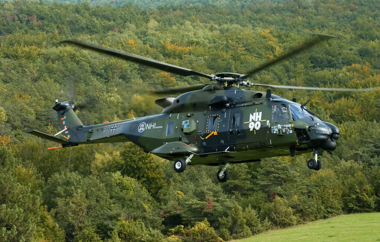 Photo wallpaper forest, flight, helicopter, multipurpose, Eurocopter, NH 90
