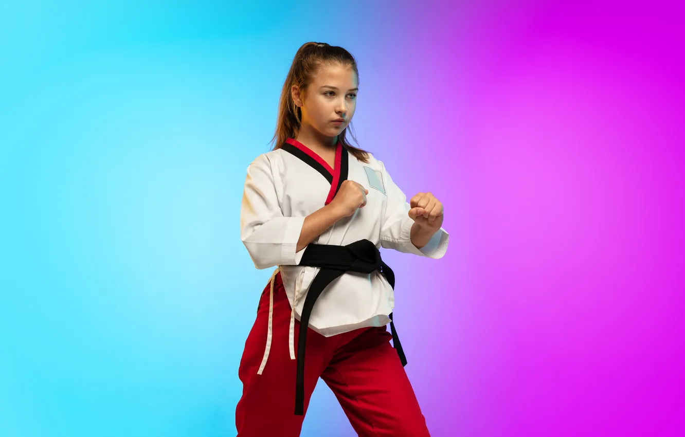 Photo wallpaper girl, isolated, Black belt, practicing, taekwondo